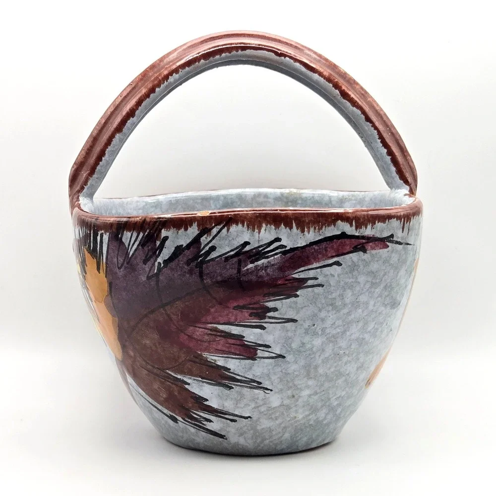 Vintage Italian Ceramic Basket Hand Painted Sunflower‎ Pottery Made in Italy